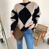 Kukombo Argyle Sweater Patchwork Pullovers 2022 Spring Women Clothing Vintage Knitted Fashion O-Neck Black Casual Long Sleeve