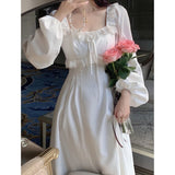 Kukombo Niggeey French Retro White Fairy Dress Vintage Aesthetic Lace Ruffles High Waist Slim Midi Dresses One Piece Dress Korean