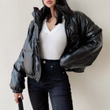 Kukombo 2023 New Fashion Parker Jacket Women Retro Pu Leather Face Short Cotton Down Jacket Thick Bread Jacket Winter Outdoor Jacket