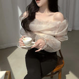 Kukombo Spring Summer New One-Word Neck Off-Shoulder Chiffon Shirt Design Mesh Long-Sleeved Sun Protection Shirt Korean Style Blouse