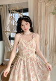 Kukombo Chiffon Lace Strap Dress Women Floral Embroidery Fairy Vintage Long Dress Female Sweet Princess Casual Party Dresses Summer