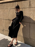 Kukombo Vintage Knitting Maxi Wedding Dresses for Women Clothing O Neck Office Lady Casual Pockets Bodycon Midi Dress Winter Black