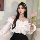 Kukombo French Ruffled White Shirts Women Fashion Slash Neck Long Sleeve Blouse Woman New Chiffon Cropped Tops Design Spring Summer