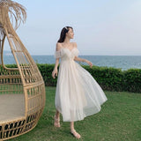 Kukombo Sweet Kawaii Fairy Princess Mesh Dress Elegant White Spaghetti Strap Off Shoulder Party Dresses Woman 2022 Vacation