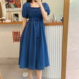 Kukombo French Vintage Pleated Midi Dress Women Retro Square Collar Puff Sleeve Elastic Waist Casual Dresses One Piece Dress Korean