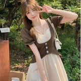 Kukombo 2022 Preppy Style Spring And Summer Sweet Design Fake Two-Piece Puff Sleeve Vest Dress Korean Style Casual Dress Fashion Dress