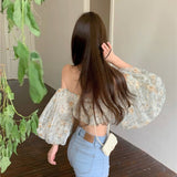 Kukombo Summer Floral Chiffon Shirt Women Fashion Vintage Puff Sleeve Blouse Woman New Cold Shoulder Cropped Tops Female