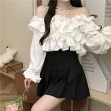 Kukombo French Ruffled White Shirts Women Fashion Slash Neck Long Sleeve Blouse Woman New Chiffon Cropped Tops Design Spring Summer