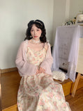 Kukombo Chiffon Lace Strap Dress Women Floral Embroidery Fairy Vintage Long Dress Female Sweet Princess Casual Party Dresses Summer