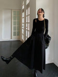 Kukombo Vintage Knitting Maxi Wedding Dresses for Women Clothing O Neck Office Lady Casual Pockets Bodycon Midi Dress Winter Black