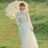 Kukombo Organza Lace Ruffled Shoulder Victorian Long Literary Retro Fairy Dress Robe